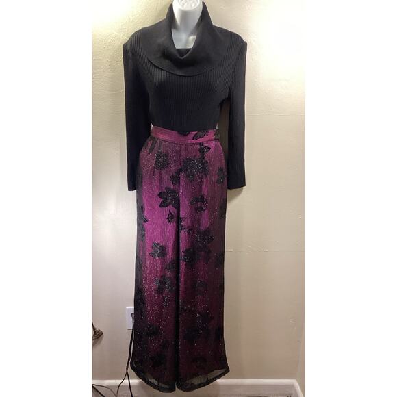 ZION NY Purple Black Metallic Floral Evening Wide 90s High Waist Pants S 27w Hot - Picture 4 of 14